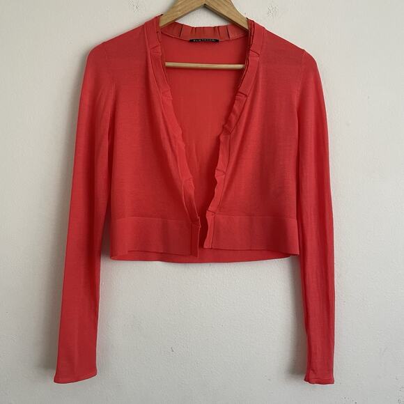 Elie Tahari Coral Red Cropped Cardigan - Size Small, Ruffle Trim Size Small - Picture 1 of 5